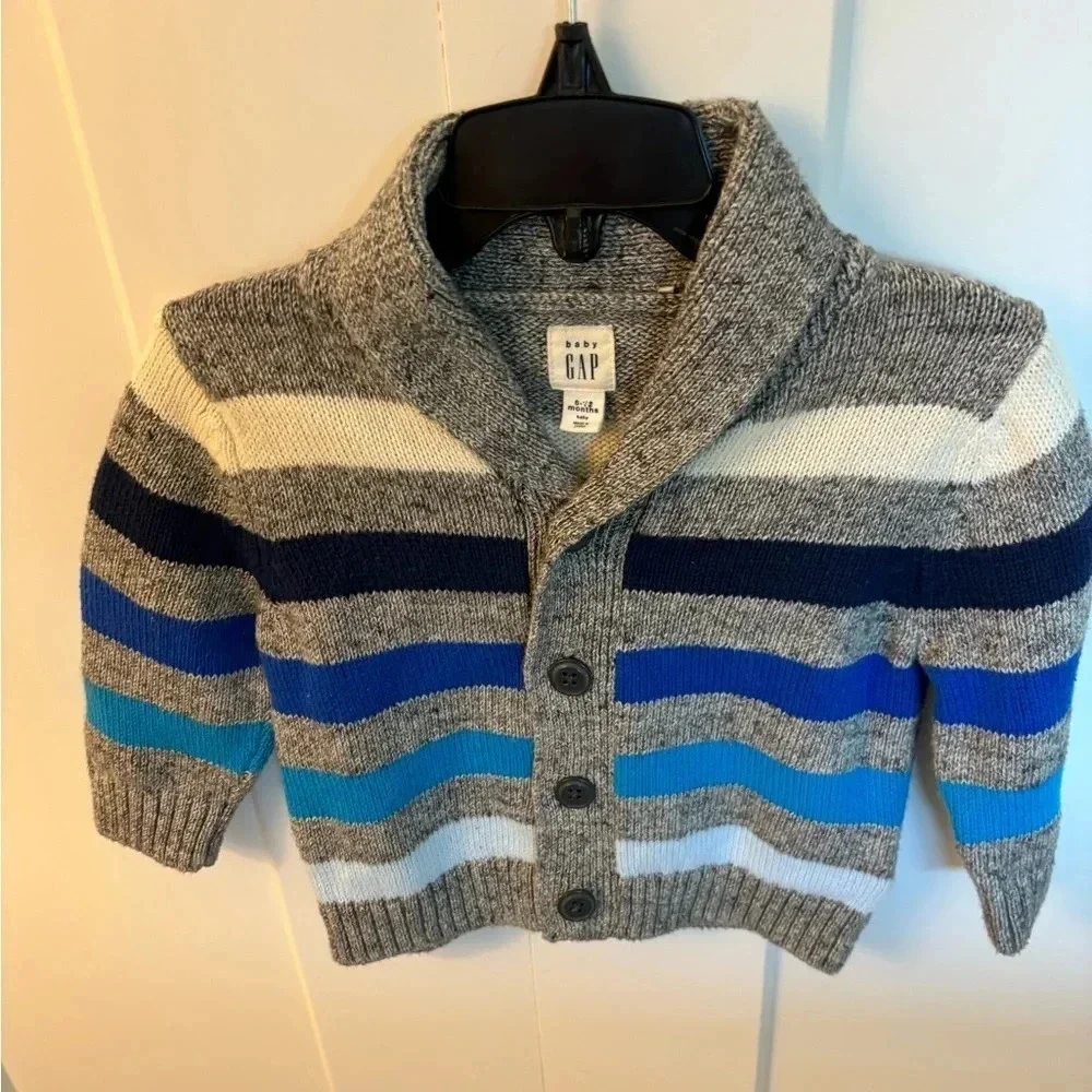 Baby Gap Boys Gray Blue Ombré Striped Cardigan Sweater Size 6-12 Months